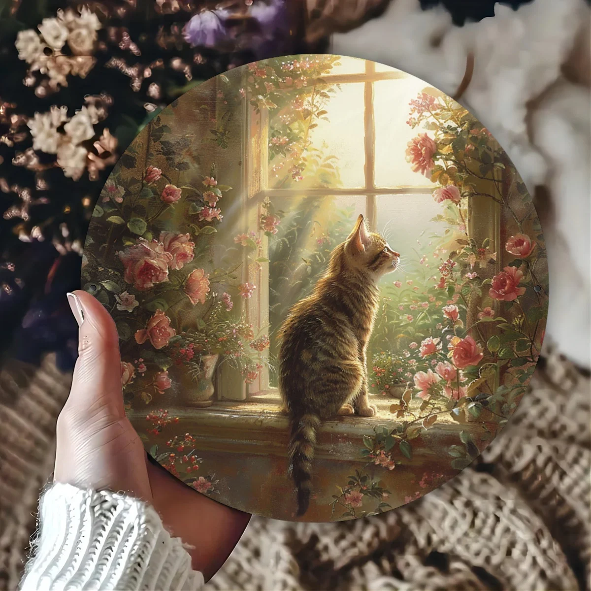 1pc Vintage Cat by Window Aluminum Sign - Pewter Painted Metal Wall Art, Indoor/Outdoor Decor for Home, Restaurant, Cafe, Garage