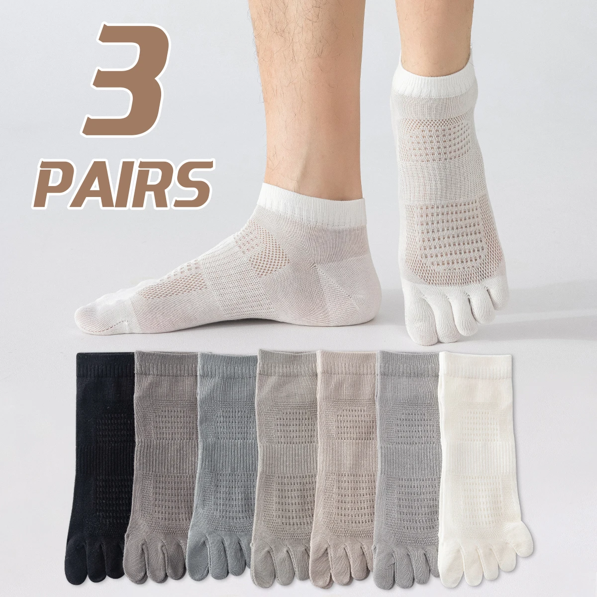 3 Pairs of Men's Cotton Summer Solid Color Simple Mesh Breathable Fashion College Style Spring and Autumn Five Finger Socks