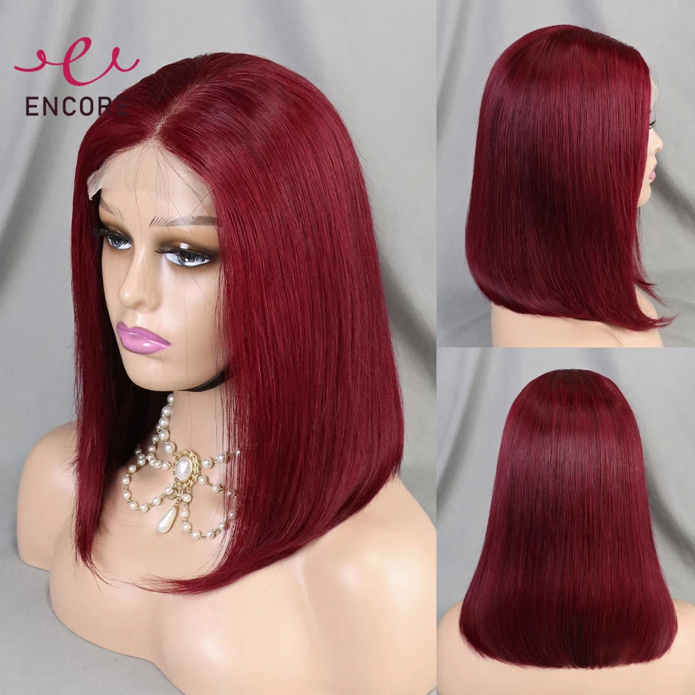 Perruque Bob Lace Closure Wig Remy Brésilienne Naturelle, Cheveux Lisses, Bordeaux, 4x4, 12 ans, Densité 180%, pour Femme Africaine