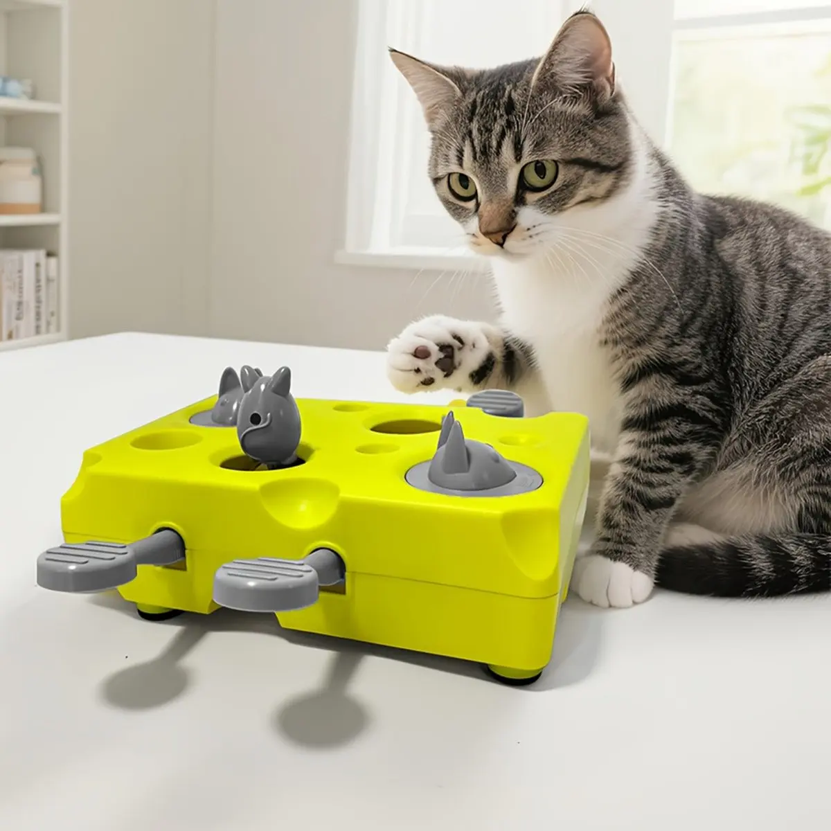 Interactive Cat Puzzle Feeder Toy - Slow Feeder & Foraging Game with Green Base & Gray Levers, Mental Stimulati
