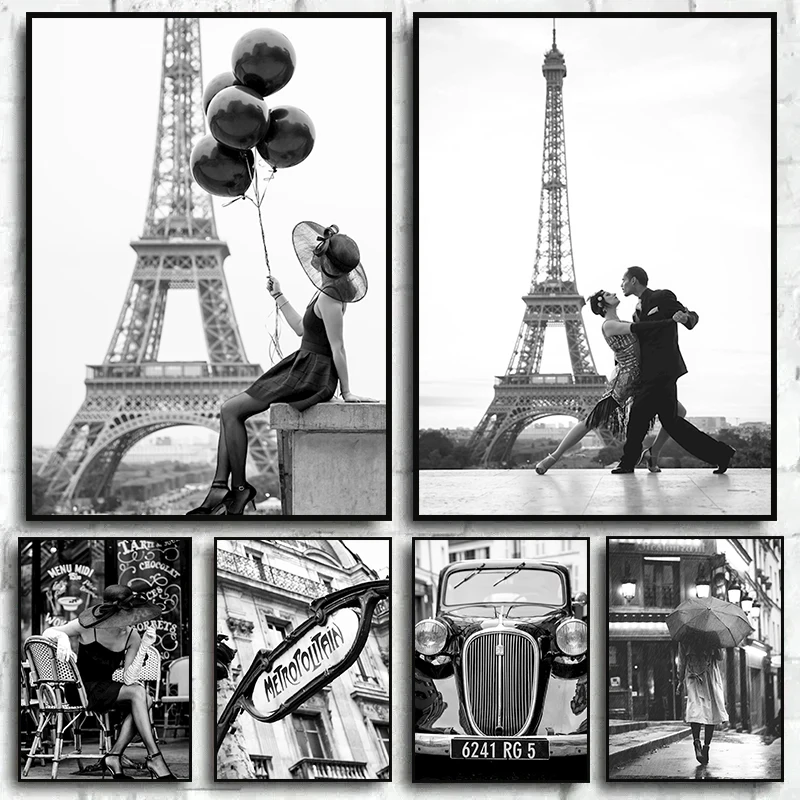 Black and White Photography Photos Canvas Print Picture Black Balloons Fashion Woman Tour Eiffel Vintage Car Poster Home Decor