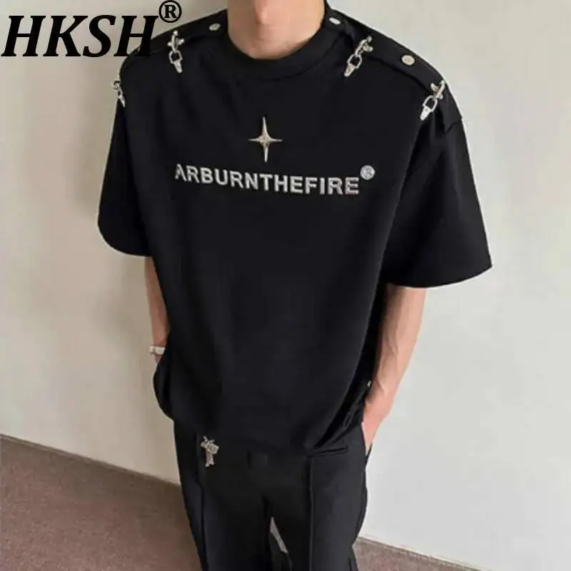 

HKSH Summer New Men Tide Dark American High Street Shoulder-Padded Short-Sleeve T-shirt Fashion Y2K Casual Chic Ins Tees HK24148