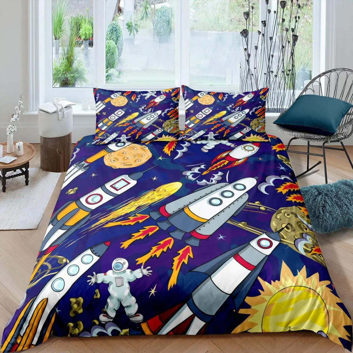 Art Duvet Cover Dimgray Science Fiction Space Themed Minimalist Illustration with Stars Planets and Rocket for Room Decorative