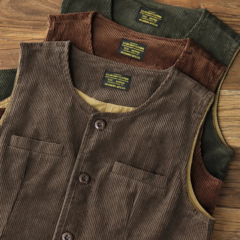 Autumn Winter American Retro Heavyweight Multi-pocket Slim Corduroy Vest Men's Fashion 100% Cotton Washed Casual Cargo Waistcoat