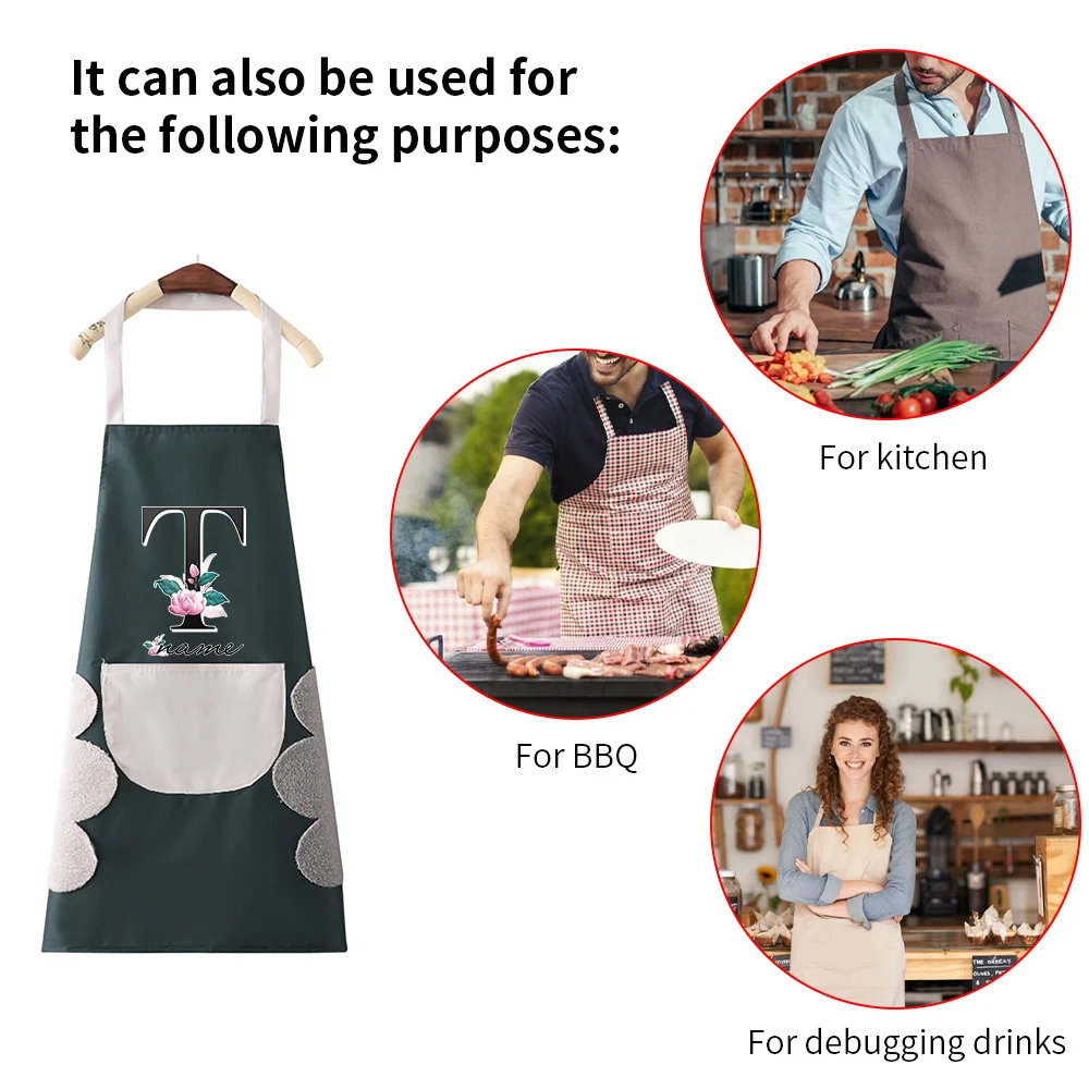 Custom Name Kitchen Aprons for Men Women Chef Baking Adult Bib with Pockets Home Waterproof Apron Flower Letter Work Clothes