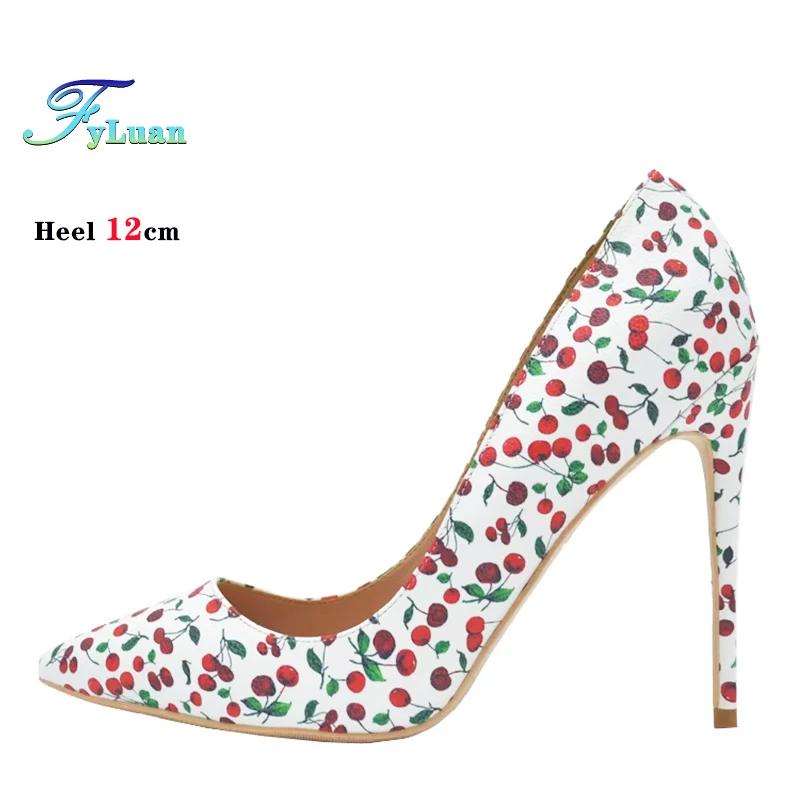 12CM Little Cherry Print Leather Basic Stiletto Pointy Toe Women Pumps Weddings Party Multicolor Color High-heeled Heels Size 46