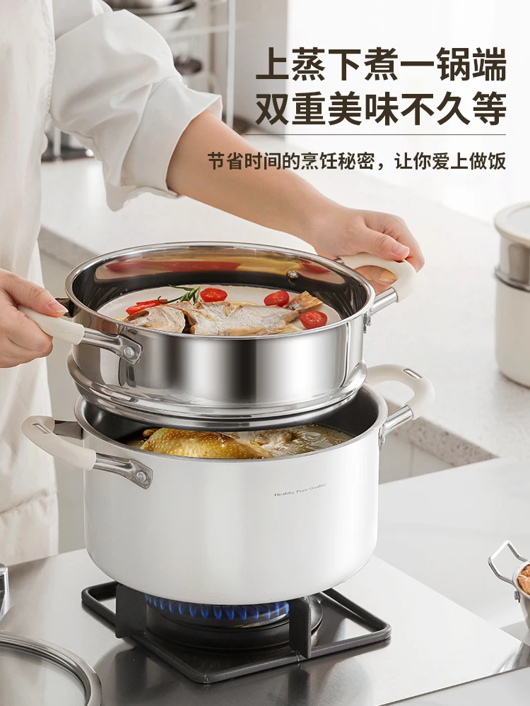 

Stainless Steel Soup Pot with Ceramic Coating Thickened Double-Handle Stew Pot for Gas Stove&Induction Home Cooking Steamer