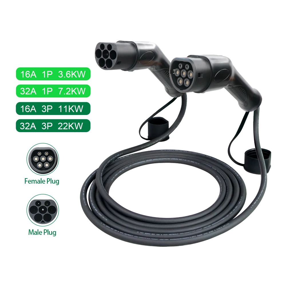 3.7 KW 7KW 5M Charging Cable Mode 3 16A 32A Home Ev Charger Gun Type 1 Type 2 To Type 2