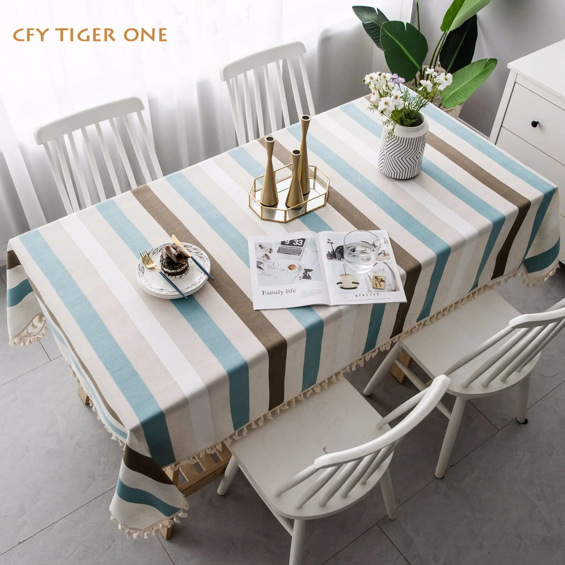 Modern Style Stripes Tablecloth Antifouling Rectangular Tablecloth Washable and Oil Resistant Coffee Table Mat Table Cover