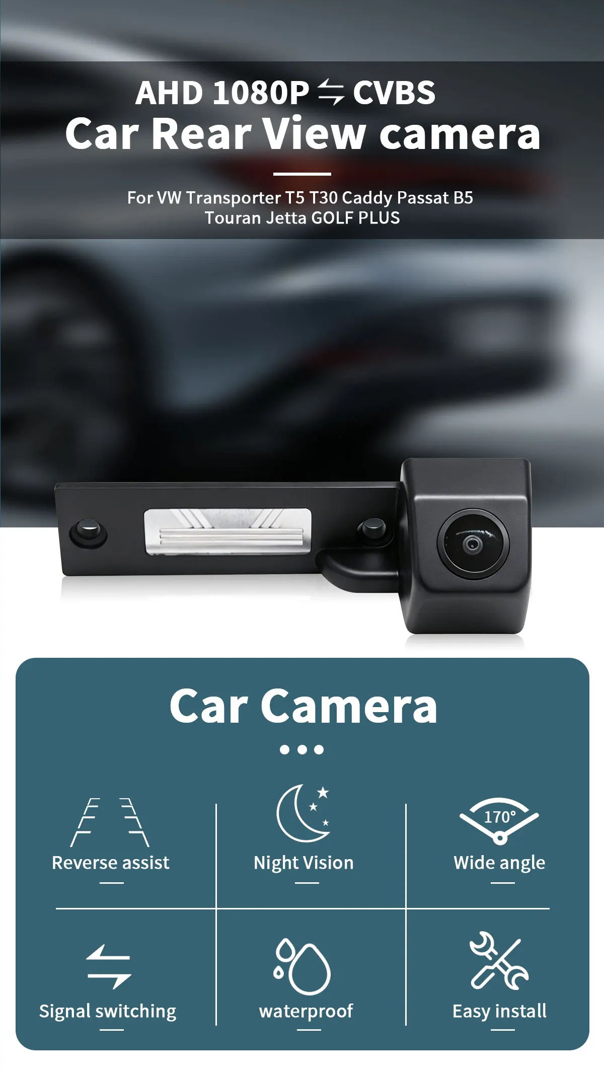 AHD 1080P Auto-Rückfahrkamera Wasserdicht 170° ° Weitwinkel für VW Transporter T5 T30 Caddy Passat B5 Touran Jetta GOLF PLUS – Detail 1