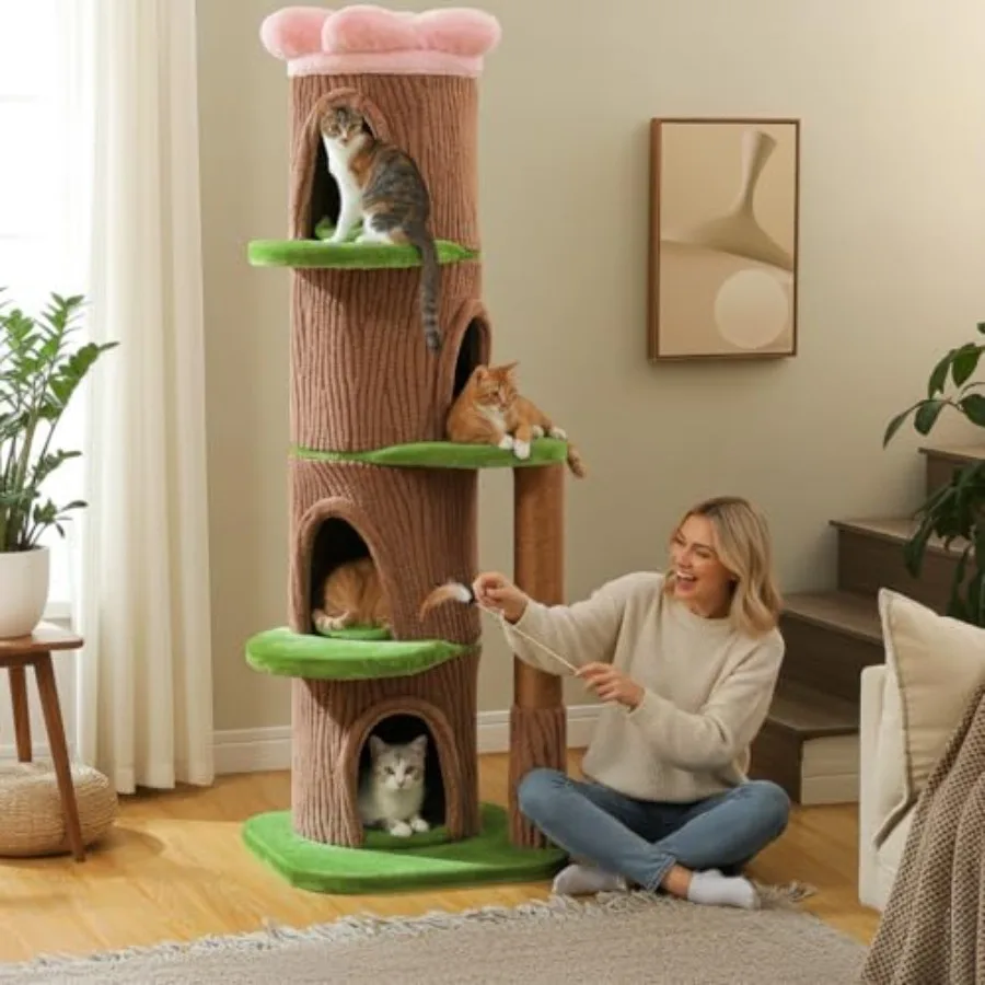 Forest Cat Tree with Flower Condos Cute Tall Cat Tower with Scratching Posts Padded Perch Multi-Level Kitty Activity Center for