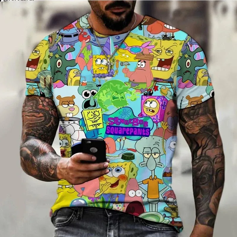 2024 Summer SpongeBob SquarePants Men\'s T-shirt Fashion Casual Men Round Neck T Shirt Cartoon Boys Clothes Girls Tops Clothing