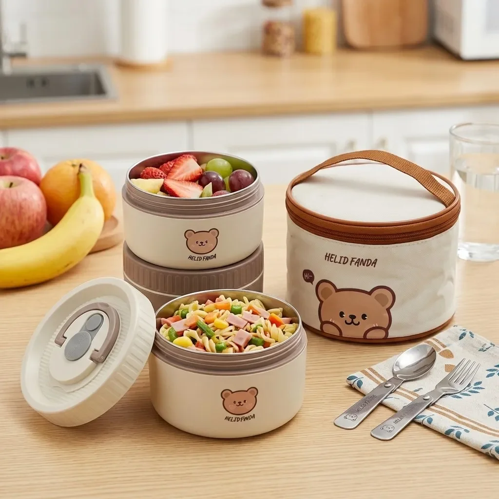 Microwavable 304 Stainless Steel Bento Lunch Box Portable Food Container with Handle Leakproof Food Thermos Kids School Work