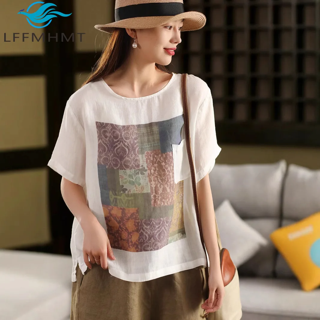 Summer Fashion Women's Patchwork Print Vintage Casual T-shirt Soft Thin Comfortable Loose Casual Pullover Tops Female Ramie Tees