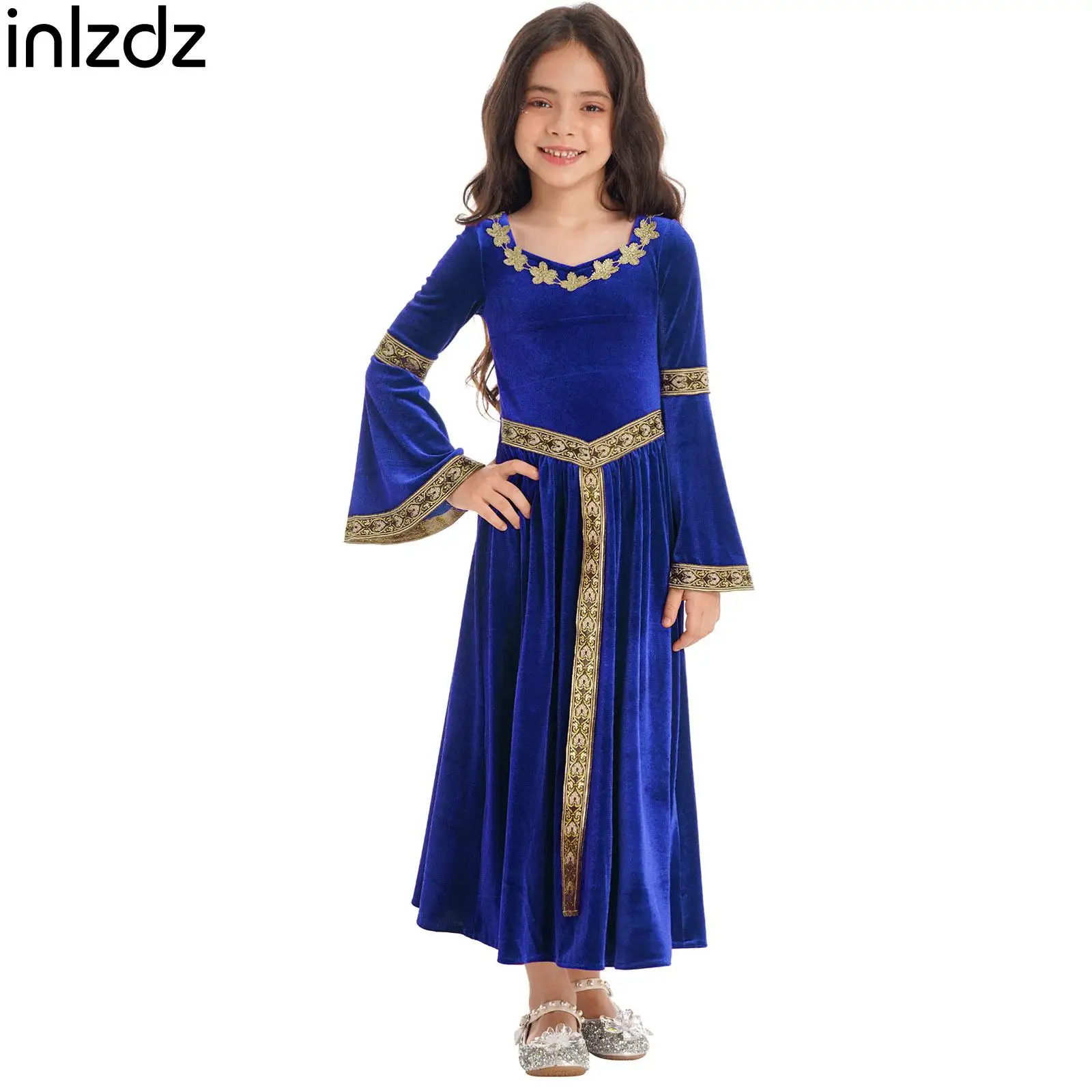 

Kids Girl Medieval Renaissance Costume Cosplay Velvet Dress Victoria Princess Queen Cosplay Costume for Halloween Vintage Party