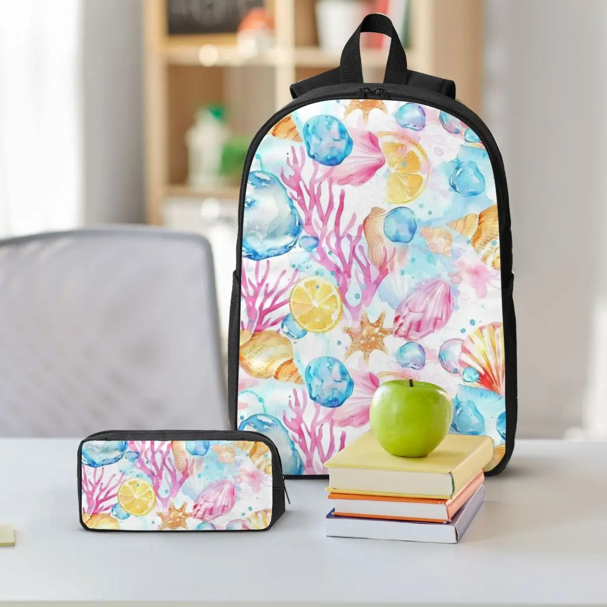 Colorful Watercolor Shell Pattern Backpack Student BookBag School Bag Shoulder Bags 3ps Insulated Lunch Bag Pencil Case