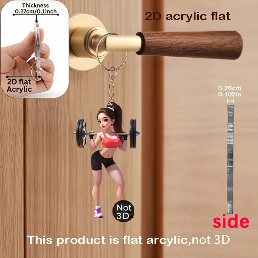 2D Flat Cartoon Weightlifting Girl Acrylic Pendant Keychain Fitness Theme Backpack Hanging Decoration Party Jewelry Accessory