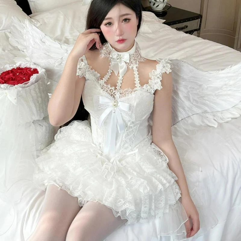 Women Harajuku Y2k Bow Lace Halter Neck Evening Party Mini Dresses Kawaii Black Red Deess Japanese Victorian Sweet Lolita Dress - view 2
