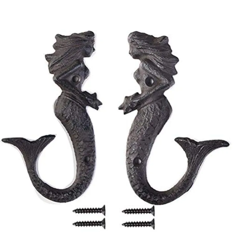 Pack 2 Cast Iron Mermaid Hook Vintage Rustic Wall Hanger Decor Beach utical Coastal Style Bathroom Sr Hand Towels Holder Wall C