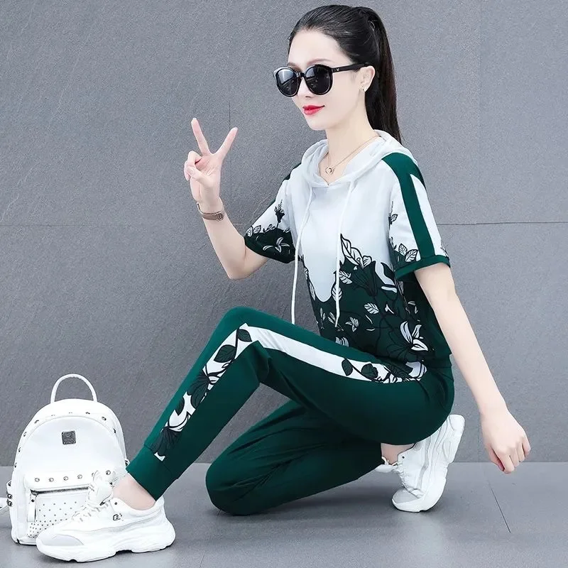 Casual Suit Women 2025 Summer New Sports Set Female Explosive High-Quality Two-Piece Hooded Running 2PCS Slim Fashion Outfit Top