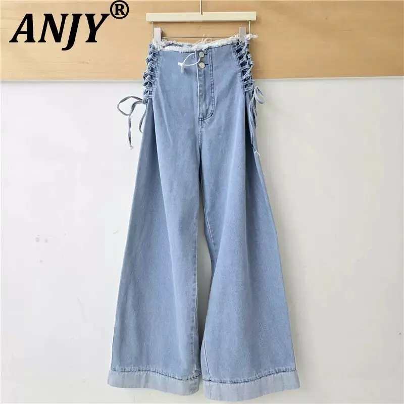 ANJY Spring Autumn New Women Design Frayed Edge Lace-Up Patchwork Wide-Leg Denim Pants Loose Washed High Street Ins Jeans A27598