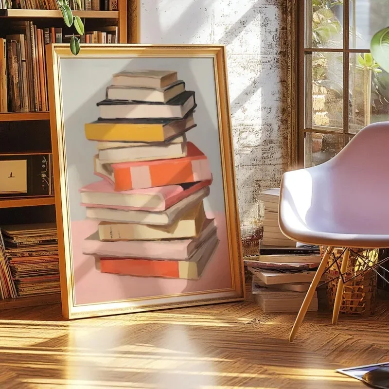 Book Lover Print Wall Art Poster Stack of Books Bookworm Pastel Trendy Apartment Aesthetic Study Room Home Decor Canvas Painting