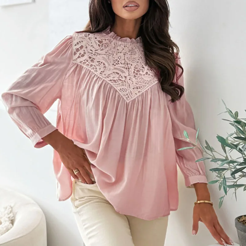 

Новая летняя элегантная драпированная блузка для вечеринок 2026 года, весенняя женская блузка с вышивкой и кружевом, с круглым вырезом, длинным рукавом, свободного кроя, офисный топ-пуловер