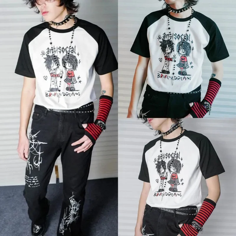 

Punk Emo Hip-Hop Tops & Tees Anime America Subculture Hand Painted Personal Block Raglan Short Sleeve Versatile Casual Tee New