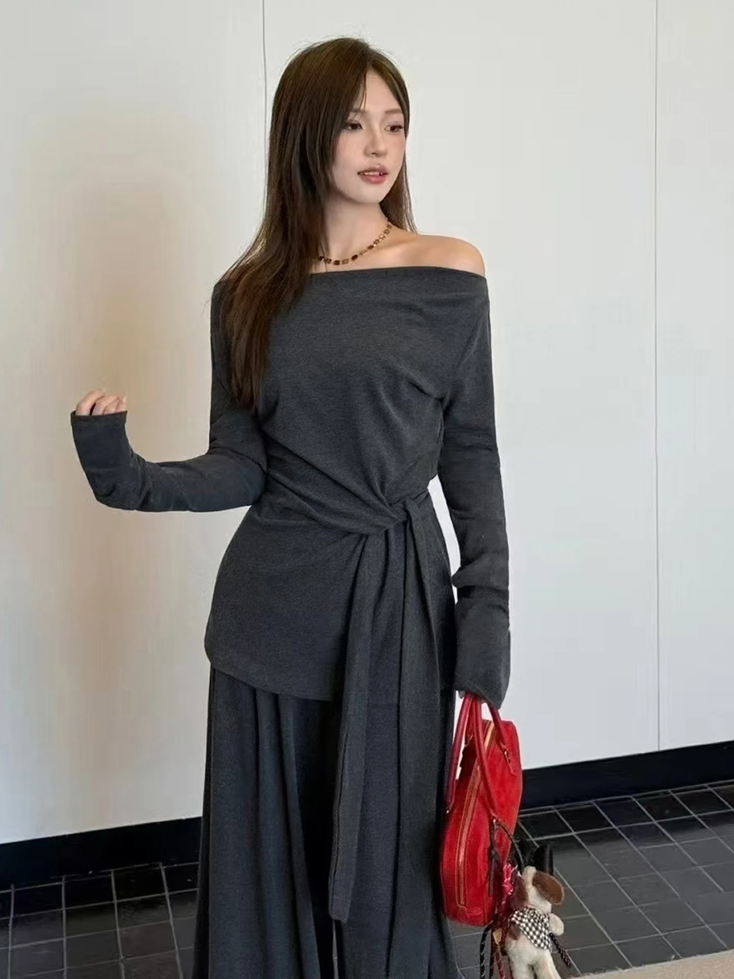 

ay Long Sve Women's Wide Leg Pants Two-Piece Set Autumn Faion Korean Sle Comfortable Warm High Waist round Ne T-irt