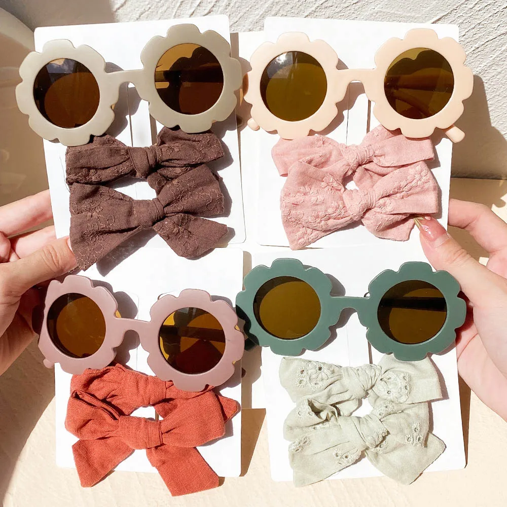 2/3Pcs/Set Cotton Bows Hair Clips Sunglasses for Kids Girls Cute Vintage Sun Flower Glasses Cool Headwear Hair Accessories Gifts