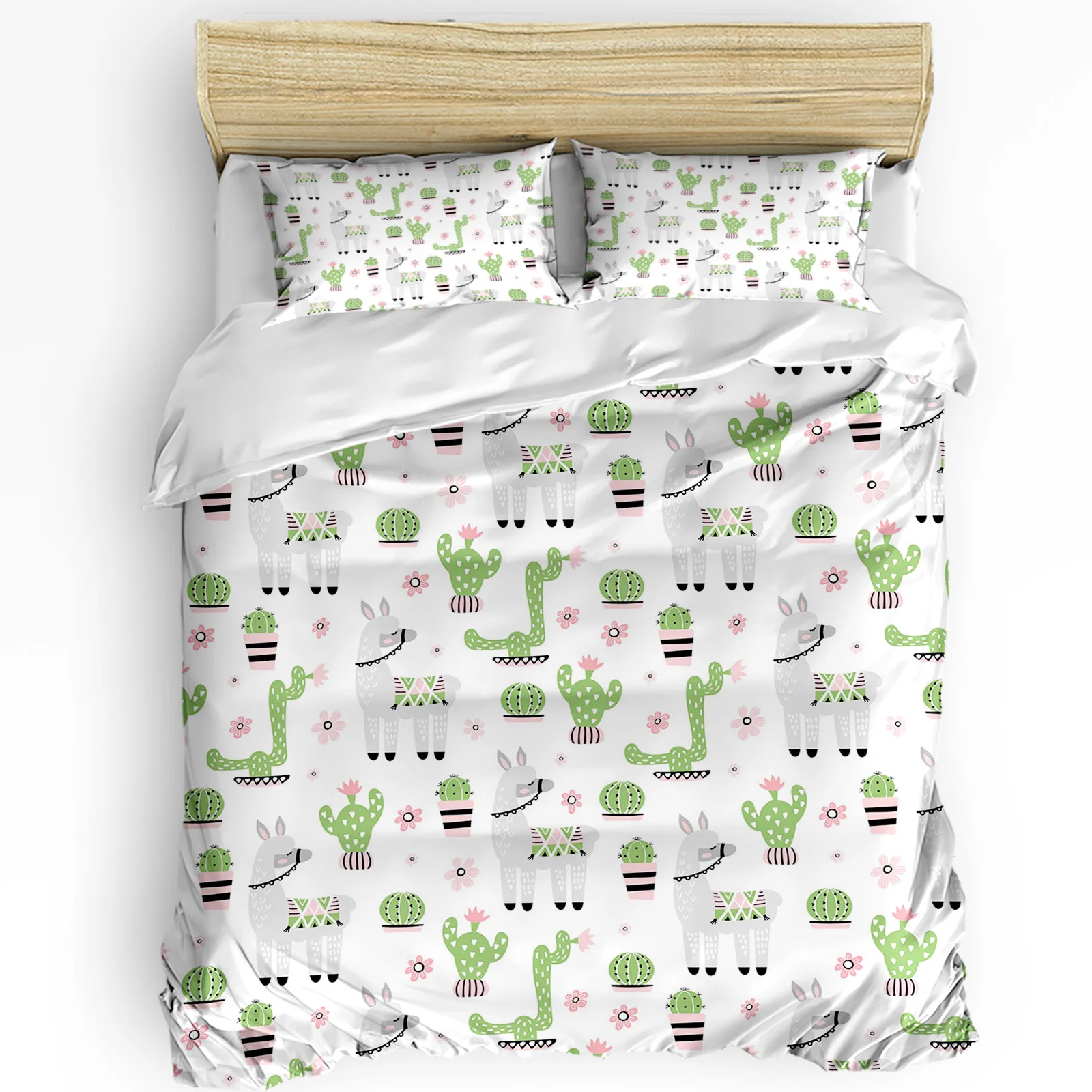 

Cartoon Animal Alpaca Cactus Green 3pcs Duvet Cover Set with Pillow Case Double Comforter Bedding Set Quilt Cover Couple Bed