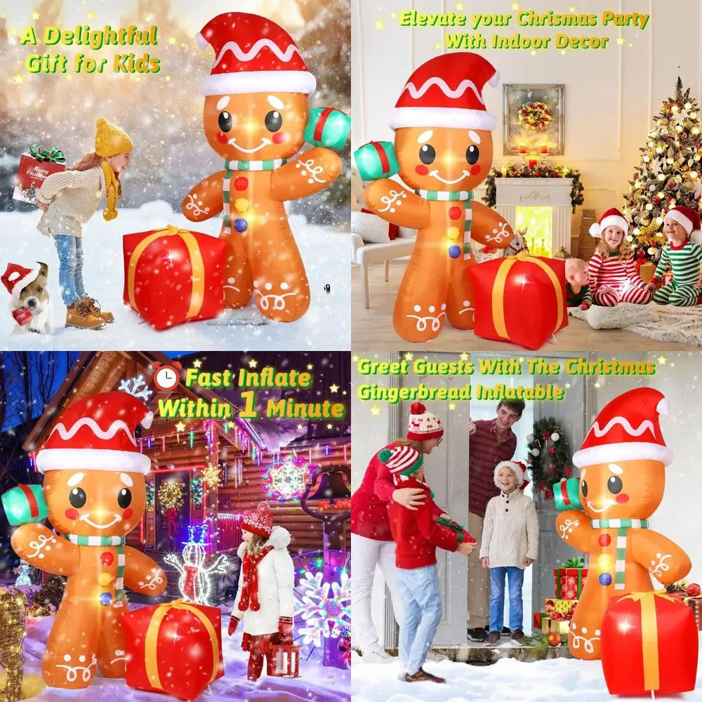 

6-Foot Tall Inflatable Gingerbread Man with Gift Box for Christmas Outdoor Lawn Decorations, LED Lights Included