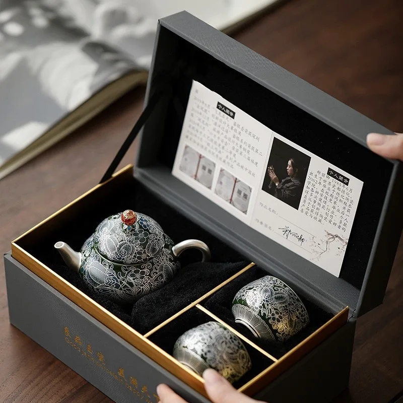 Chinese Palace Museum Cultural and Creative Cloisonn Butterfly Love Flower Kung Fu Tea Set One Pot and Two Cups Ceramic Tea Set