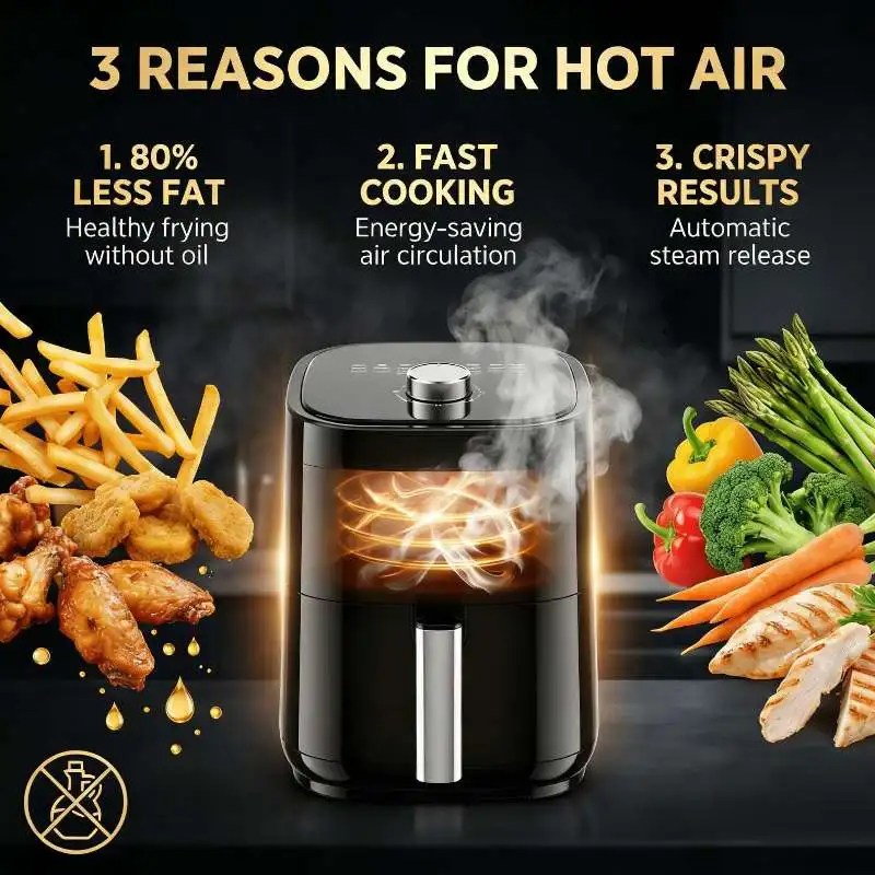 4L Heißluftfritteuse mit Sichtfenster und LED-Beleuchtung, 1200W Ölfreier Kocher, Einstellbare Temperatur 80-200°C ℃   Timer mit 60-Minuten-Antihaftkorb