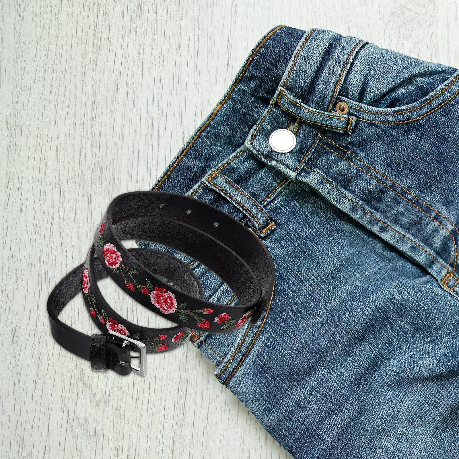 حزام نسائي مطرز باللون الوردي من البولي يوريثان، وشاح خصر مزين بالزهور، حزام أنيق بإبزيم مربع عتيق للفساتين والجينز #5