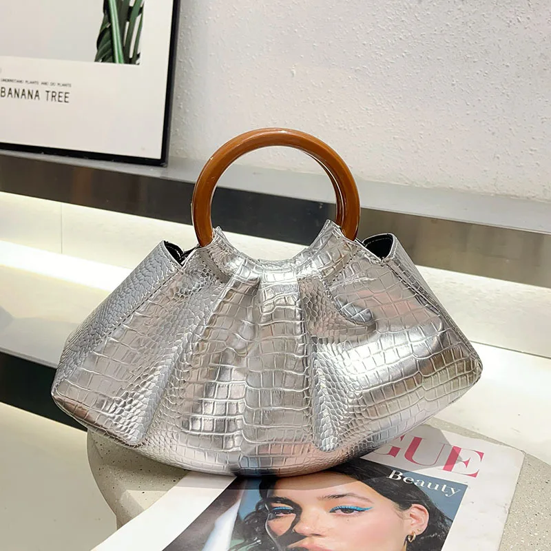 

Glossy Croc-Embossed Shoulder Bag - Minimalist Pure Color Purse Textured Handle, Trendy Smooth Leather Tote
