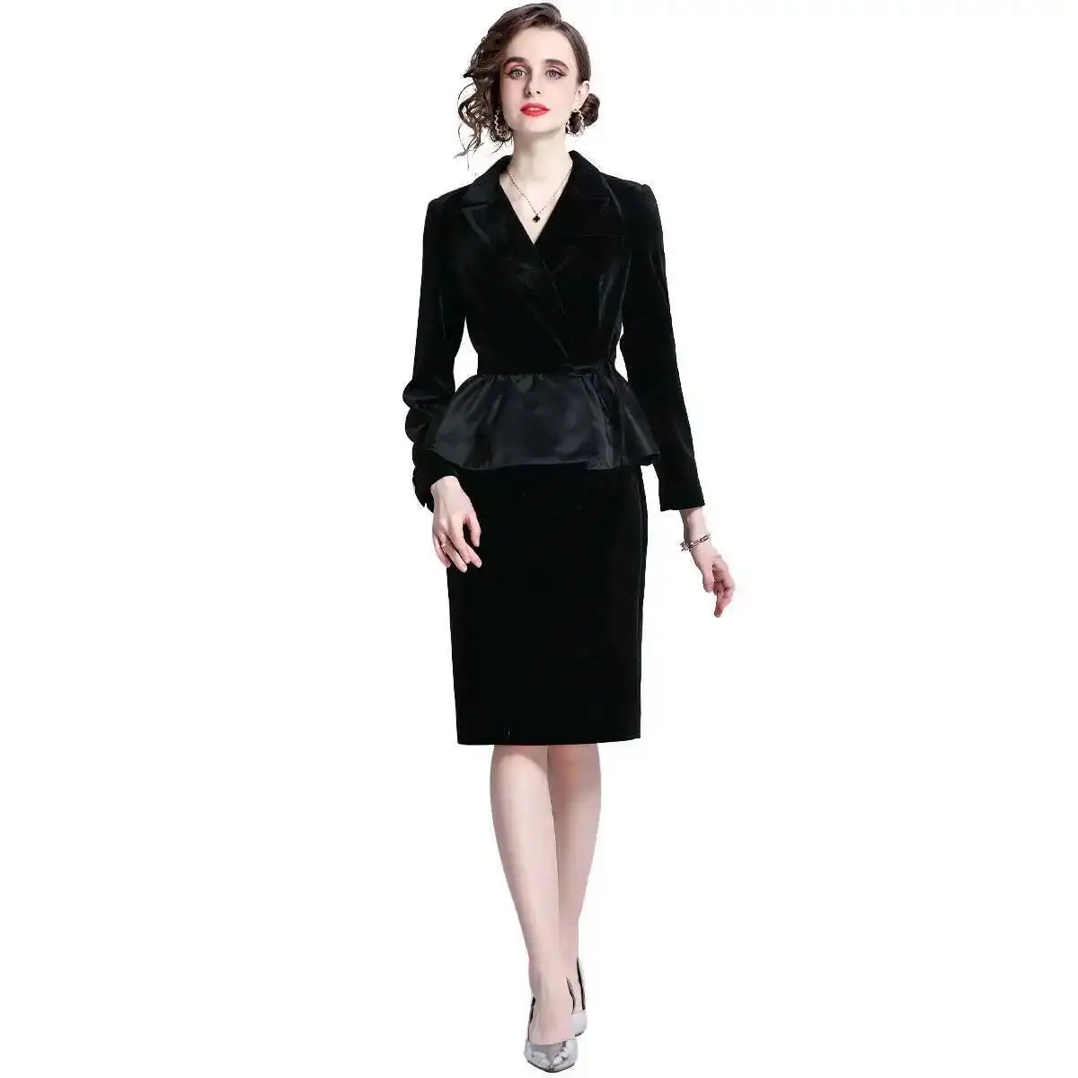 

Autumn Winter Two Piece Velvet Dress Set Women Jacket Coat Office Lady Pencil Skirts 2pcs Outfits Black