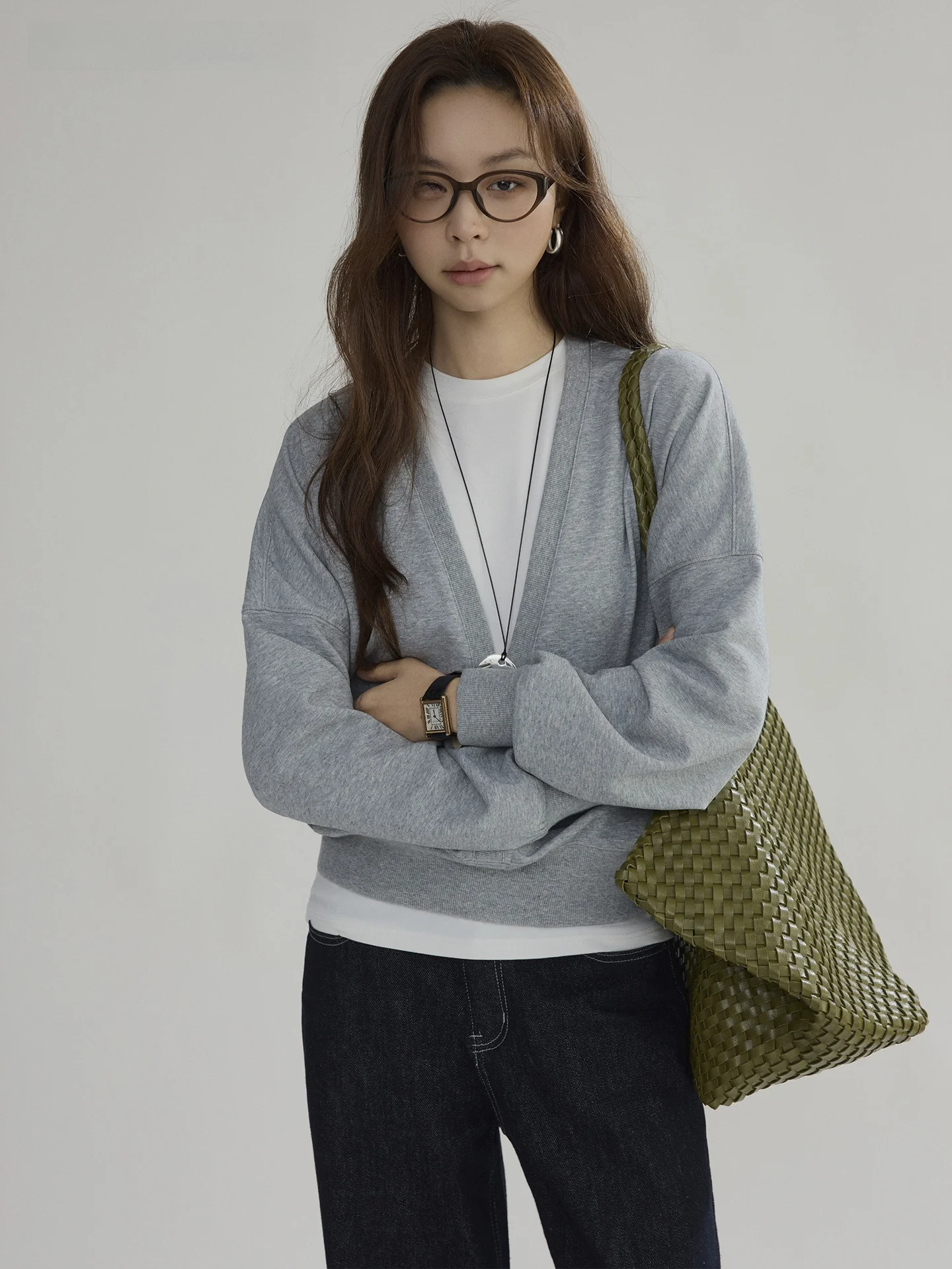 

Joli Choose Spring New Loose Casual Floral Grey Sweatshirt Women Fashionable Versatile High-End Feeling Top V-Neck Long Sleeve