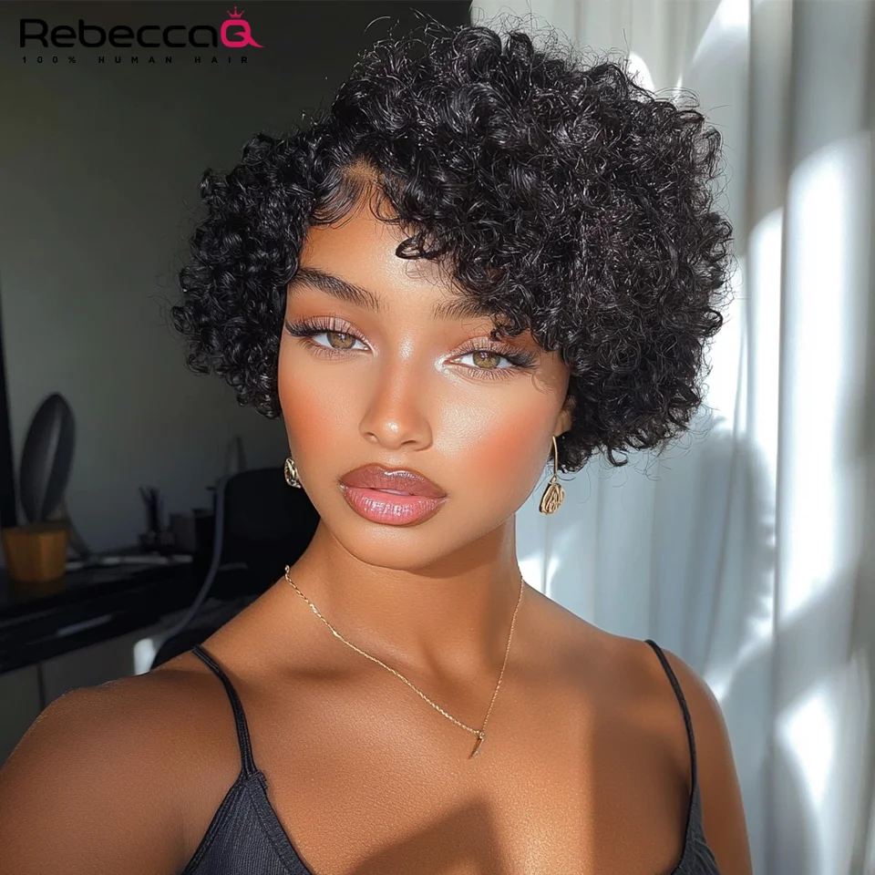 Pixie Cut Wig Colored Lace Wig Spring curl Short Bob Human Hair Wig For Women Natural Black Color 13X6x2 Human Hair Cheap Wig