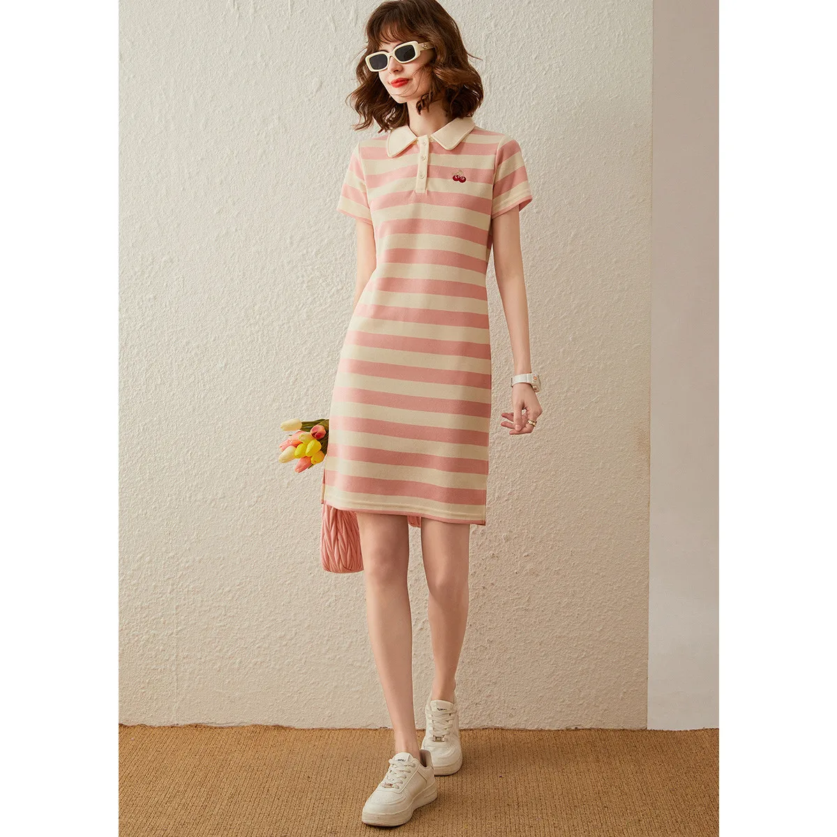 LOUIS YAO Women Dress Polo Neck Striped New Arrival for Summer 2024 Short Sleeve Slim Casual Short Dress for Women