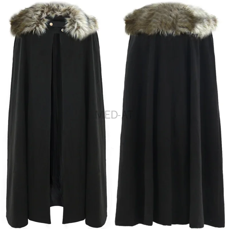 Men's Medieval Winter Cloak Thick Fur Collar Larp Viking Knight Cosplay Cape Coat Gothic Women Retro Mantle Halloween Costume