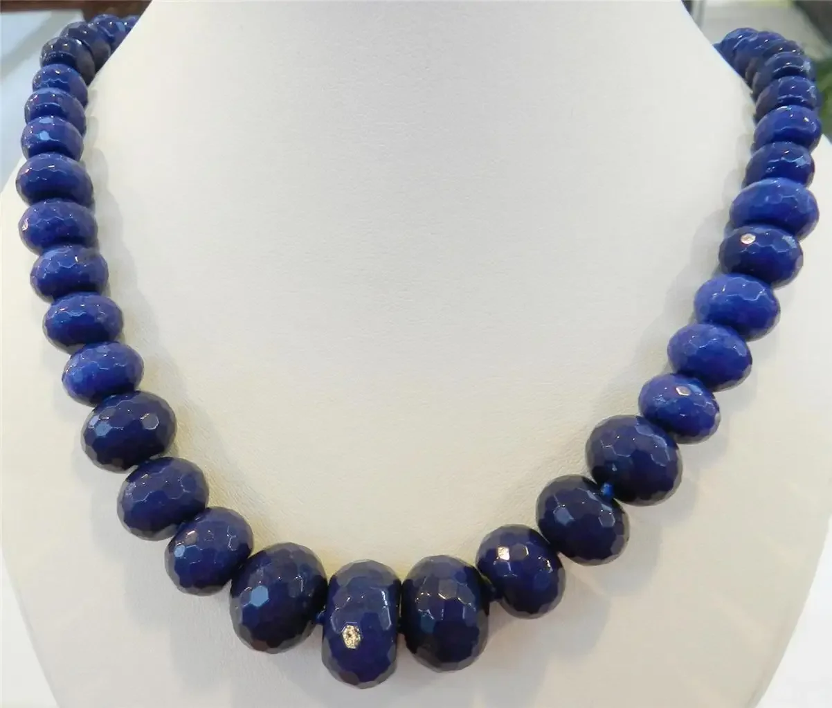 8-18mm Faceted Deep Blue Sapphire Gemstone Roundel Beads Necklace 19