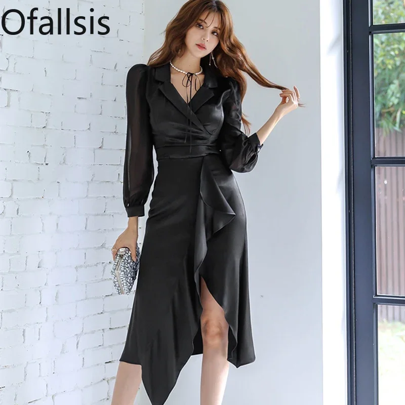 Ofallsis French Style Suit Collar Elegant Retro Ruffle Edge Light Mature V neck Dress 2023 Autumn Slim Fit Evening Party Dresses