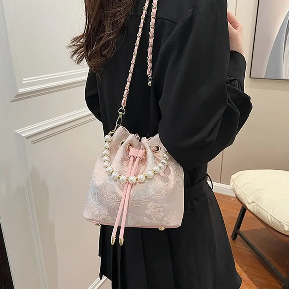 

Drawstrings Embroidery Bucket Bag Non-slip Bottom Adjustable Chain Floral Shoulder Bags Large Capacity Comfortable Straps