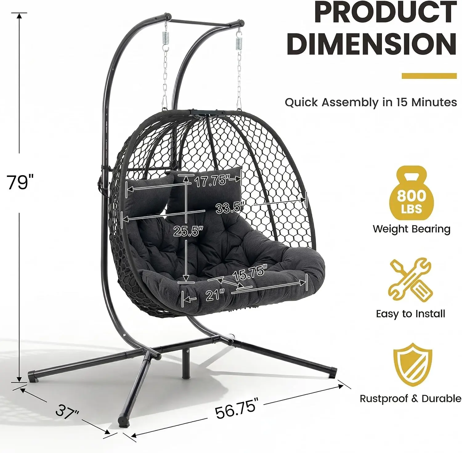 Two Person Outdoor Hanging Egg Chair Woven Rattan Rope Swing Stand Folding Rocking Basket Washable Cushions Black 800lbs Capacit