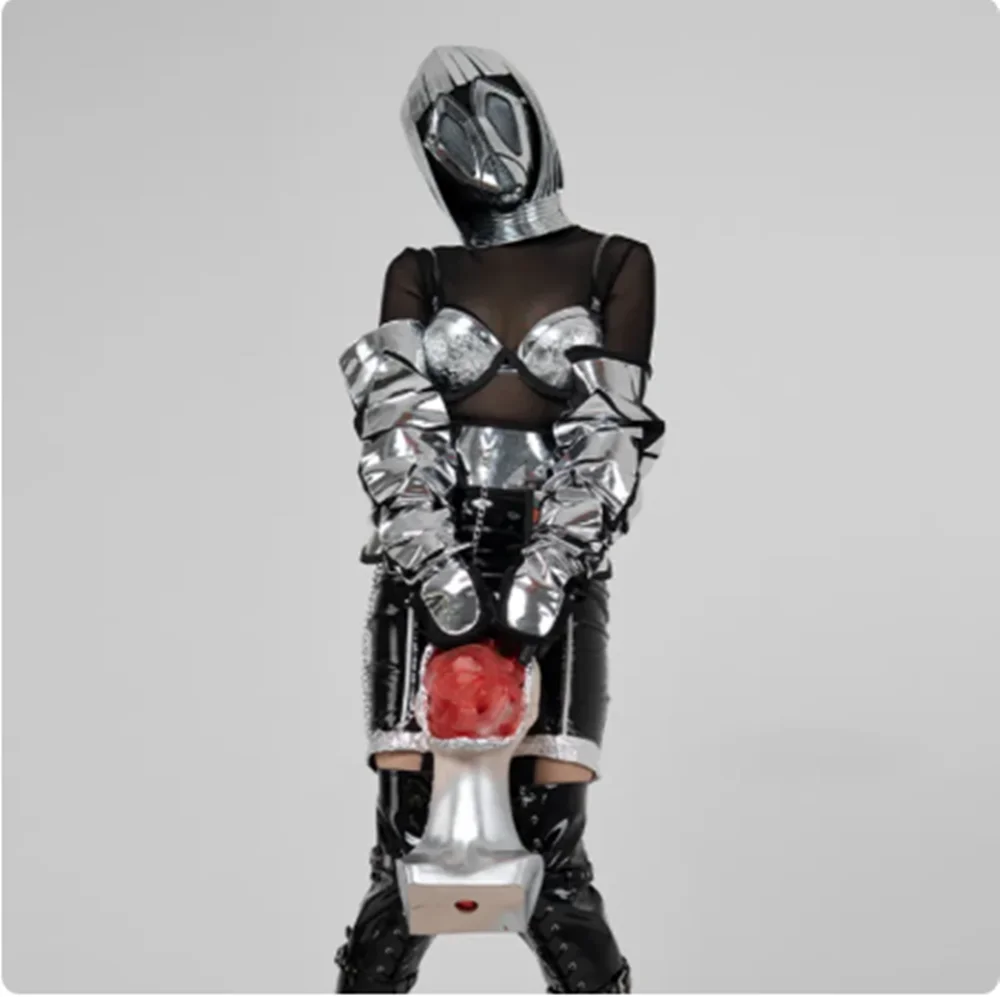 Strój tancerki, futurystyczna technologia, kostium sceniczny, srebrne bikini, rękawiczki, spódnica ze skóry PU, strój do klubu nocnego, strój do tańca gogo, odzież festiwalowa yj113