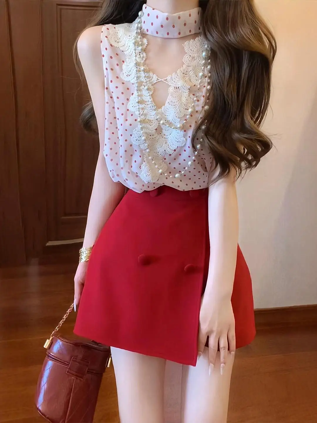 

Elegant Polka Dot Lace Splicing Top Shorts Two-Piece Set Summer New Style Fashionable Misses Clothing High Waist Cotton V-Neck