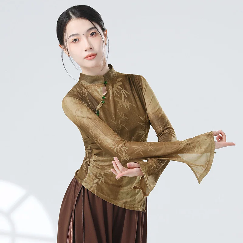 UMI MAO Chinese New Chinese Top Slim Classical Dance Ink Painting Mesh Improved Cheongsam Flared Sleeve Modern Dance Tops
