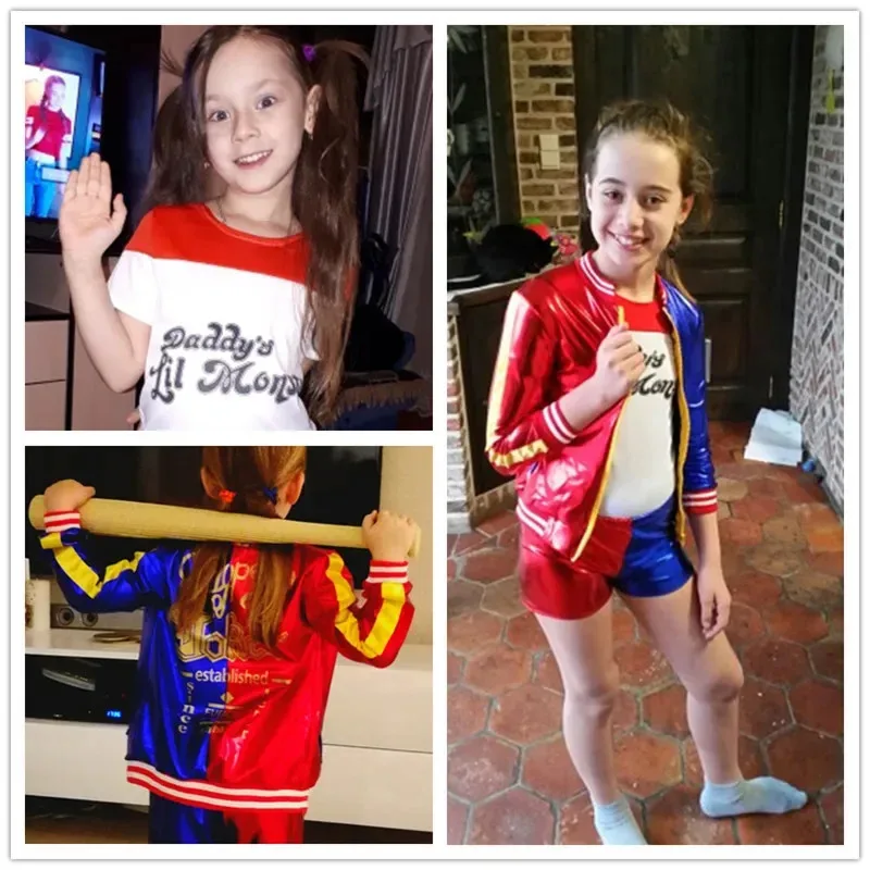 Kostiumy Carnival Suicide Squad Alerquina Quinn Cosplay dla dzieci, dziewczęce kurtki i garnitury z peruką i rękawiczkami