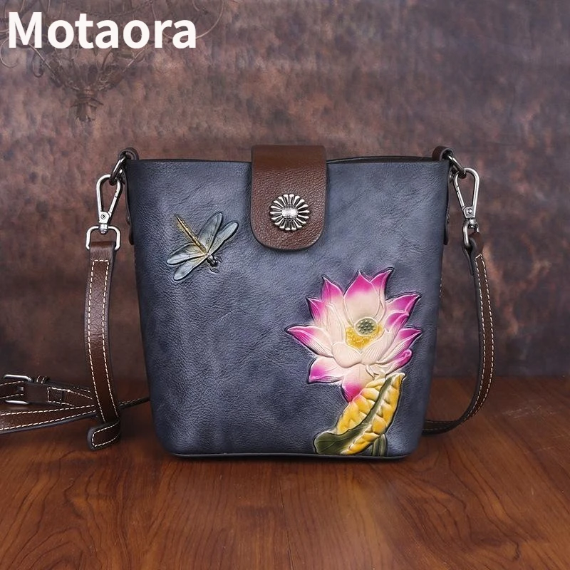 MOTAORA Genuine Leather Women Crossbody Bags Handmade Relief Floral Small Woman Shoulder Bucket Bag Purses And Phone Bags Luxury